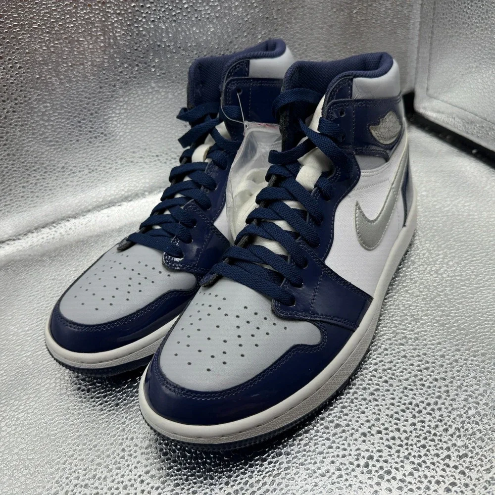 Size 9 Jordan 1 Retro High Silver Midnight Navy White Mens Shoes DQ0660-100